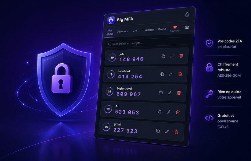 Interface Big MFA — liste des codes 2FA